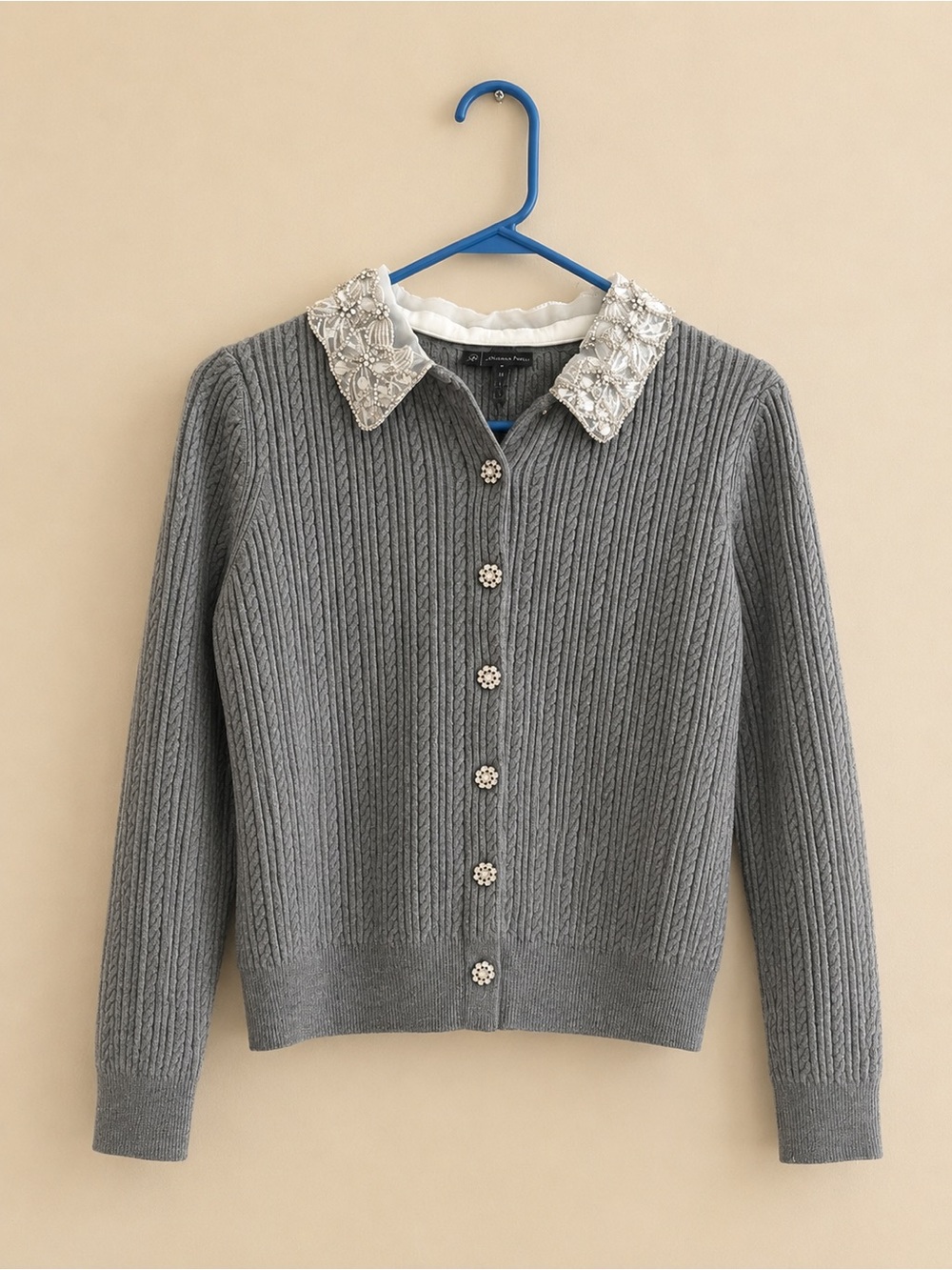 Adrianna Papell Gray Cable Knit Embellished Collar Cardigan – Size M